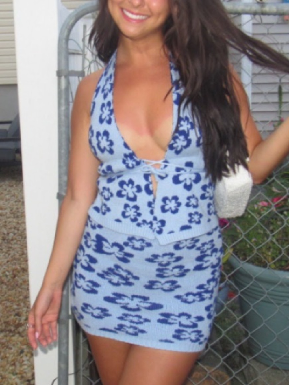 PrettyLittleThing Light Blue and Navy Floral Halter Top